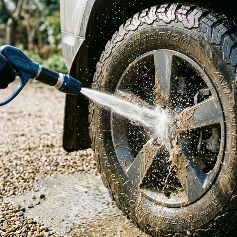Power Blast Plus water spray nozzle washing dirt off a car wheel and tire